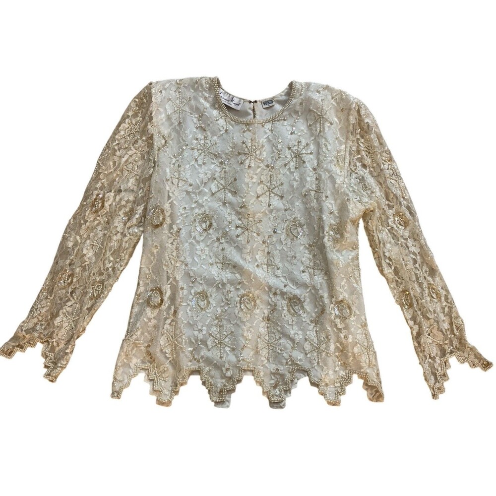 Vtg Laurence Kazar Ivory Blouse Women’s Beaded Lace Sequin Sz L Long‎ Sleeve - Picture 3 of 15
